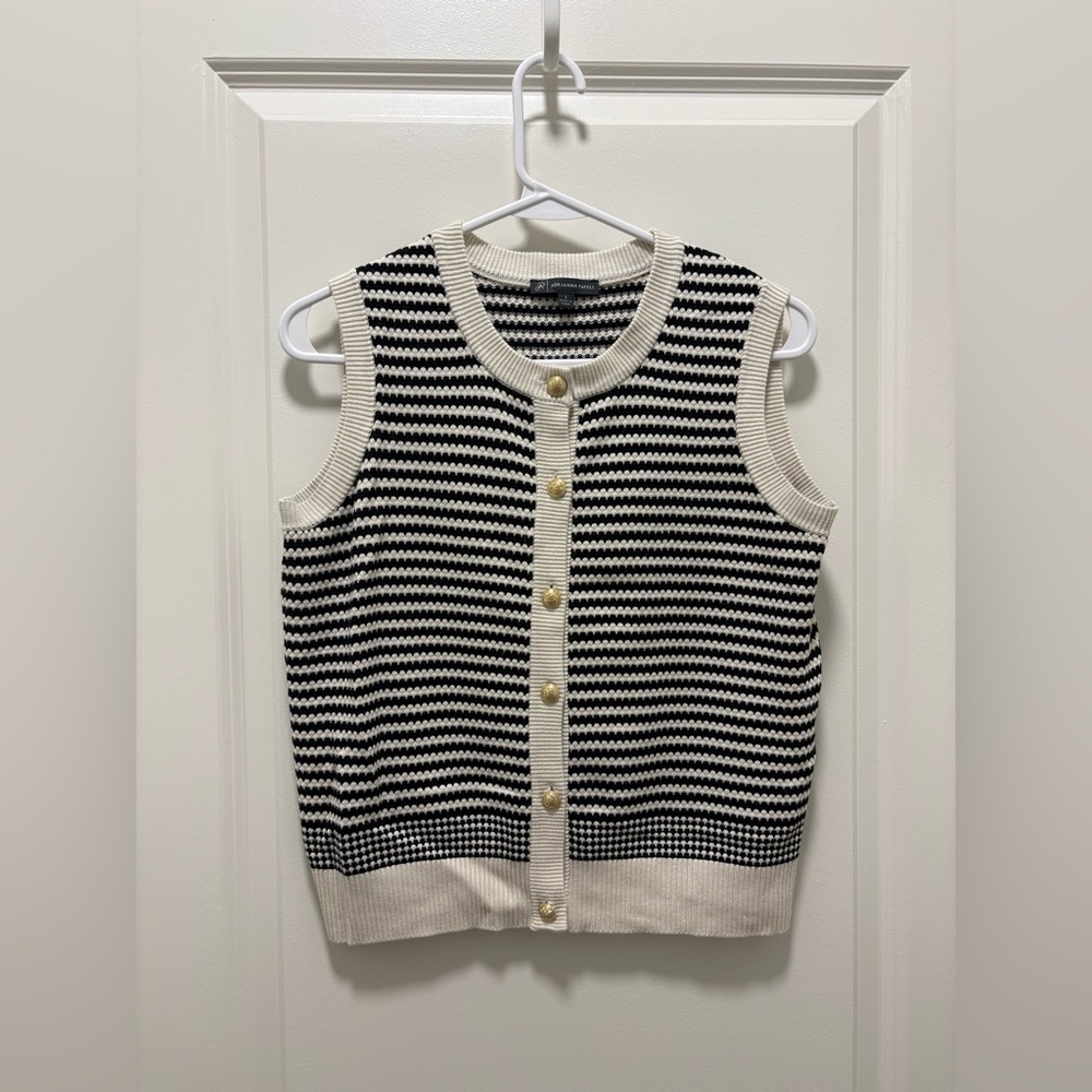 Adrianna Papell Black and Off-White/Beige Striped Cardigan Vest Size S
